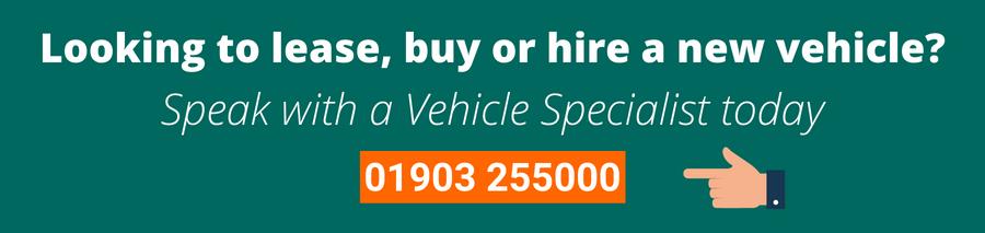 Green background with white text that reads Looking to lease, buy or hire a new vehicle? Speak with a Vehicle Specialist today Below is a hand pointing to an orange button with white text which reads 01903 255000