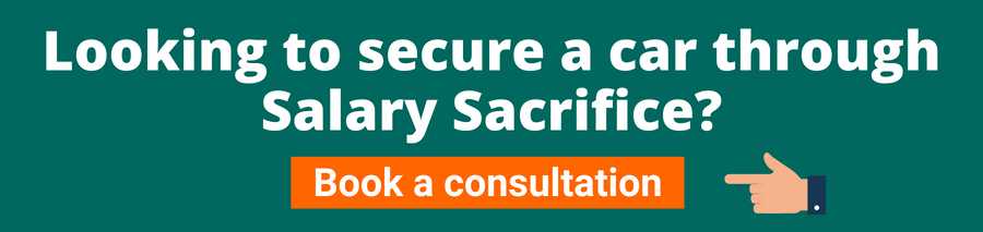 Green background with white text that reads Looking to secure a car through salary sacrifice? Below is an orange button with white text that reads book a consultation this link will take the user to a page where they can book an appointment to discuss salary sacrifice schemes for cars