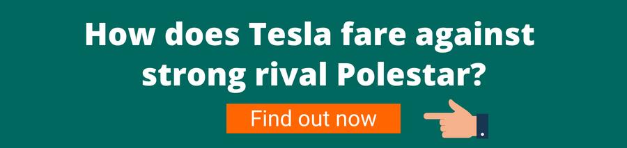 Green background with white text that reads How does Tesla fare against strong rival Polestar? Below is a hand pointing to an orange button with white text that reads Find out now 