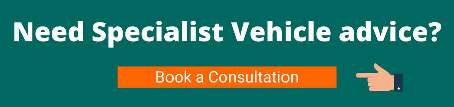 Green background with white text that reads Need specialist vehicle advice below is a hand pointing to an orange button with white text that reads book a consultation this connects the user with a vehicle specialist where they can enquire about fleet vehicles and more