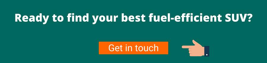 Green background with white text that reads Ready to find your best fuel-efficient SUV? Below is a hand pointing to an orange button with white text that reads Get in touch