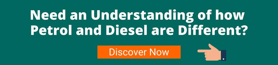 Green background with white text that reads Need an understanding of how petrol and diesel are different? Below is a hand pointing to an orange button with white text that reads discover now this page will take the user to an article outlining the subject - why is diesel more expensive than petrol