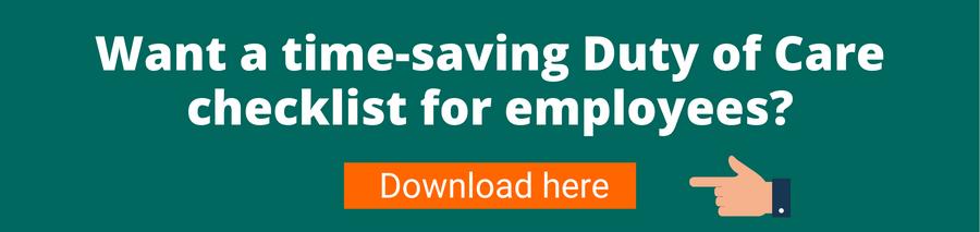 Green background with white text that reads Want a time-saving Duty of Care checklist for employees? Below is a hand pointing to an orange button with white text that reads  Download here this will take the user to a page outlining the subject - best electric car salary sacrifice schemes