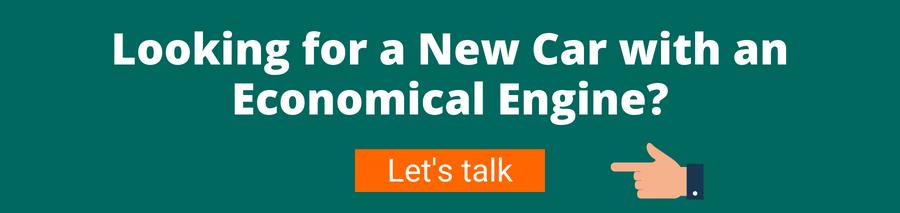 Green background with white text that reads Looking for a new car with an economical engine? Below is a hand pointing to an orange button with white text that reads Let's talk this page will connect the user with a vehicle specialist via the telephone - why is diesel more expensive than petrol