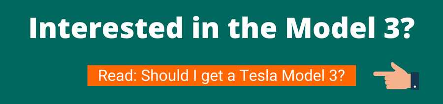 Green background with white text that reads Interested in the Model 3? Below is a hand pointing to an orange button with white text that reads Read: Should I get a Tesla model 3? This will take the user to an article outlining this subject