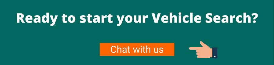 Green background with white text that reads Ready to start your Vehicle Search? below is a hand pointing to an orange button with white text that reads Chat with us this will connect the user with a vehicle specialist - octopus electric vehicles
