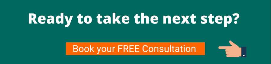 Green background with white text that reads Ready to take the next step? below is a hand pointing to an orange button with white text that reads Book your FREE Consultation  this will connect the user with a vehicle specialist