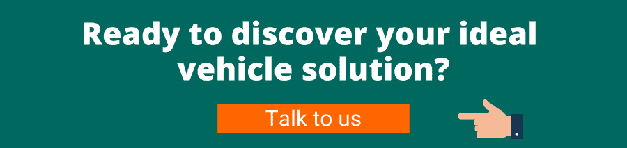 Green background with white text that reads Ready to discover your ideal vehicle solution? Below is a hand pointing to an orange button with white text that reads Talk to us
