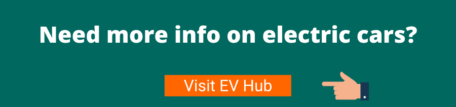 Green background with white text that reads Need more info on electric cars? Visit EV Hub car companies with subscription services