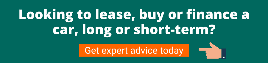 Green background with white text that reads Looking to lease, buy or finance a car, long or short-term? Get expert advice today