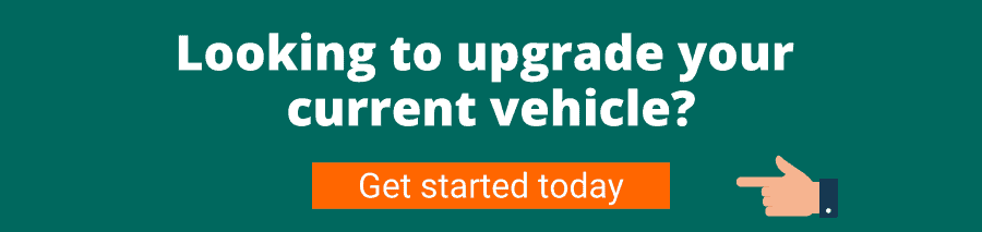 Green background with white text that reads Looking to upgrade your current vehicle? Get started today