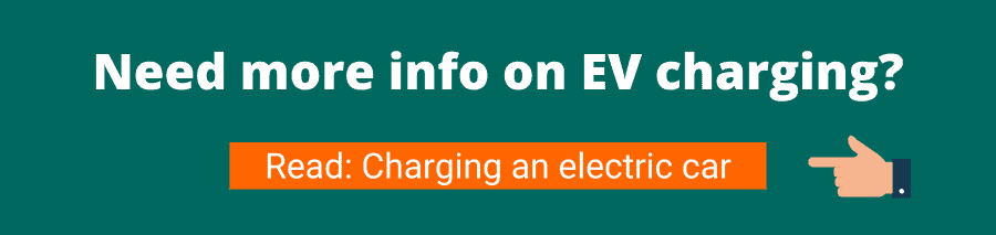 Green background with white text that reads Need more info on EV charging? Read: Charging an electric car 