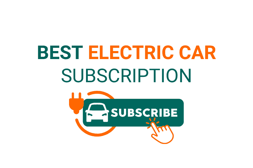 Best electric car subscription below is an icon of an electric car on a button with text that reads subscribe on top of the button there is an orange computer hand ready to click the button
