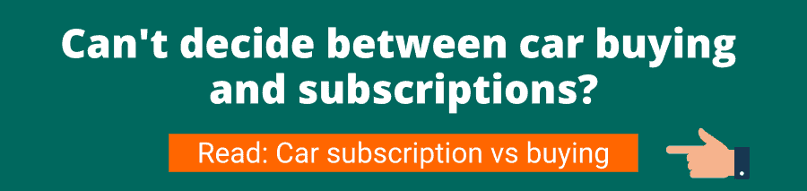 Green background with white text that reads Can't decide between car buying and subscriptions? Read: car subscription vs buying