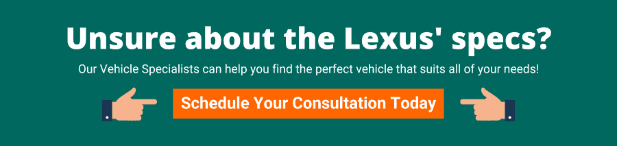 Green background with white text that reads Unsure about the Lexus' specs? Schedule your consultation today