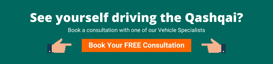 Green background with white text that reads See yourself driving the Qashqai? Book a consultation with one of our Vehicle Specialists Book your free consultation