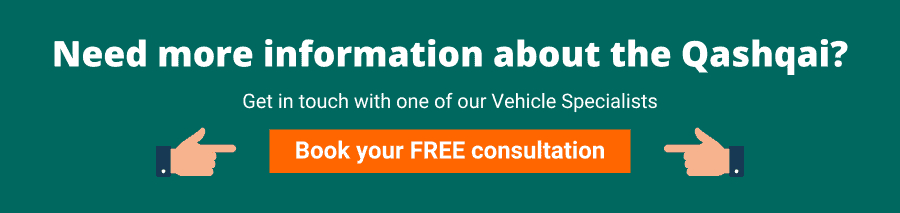 Green background with white text that reads Need more information about the Qashqai? Get in touch with one of our Vehicle Specialists Book your FREE consultation