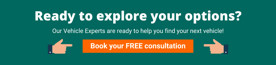 Green background with white text that reads Ready to explore your options? Our Vehicle Experts are ready to help you find your next vehicle! Book your free consultation