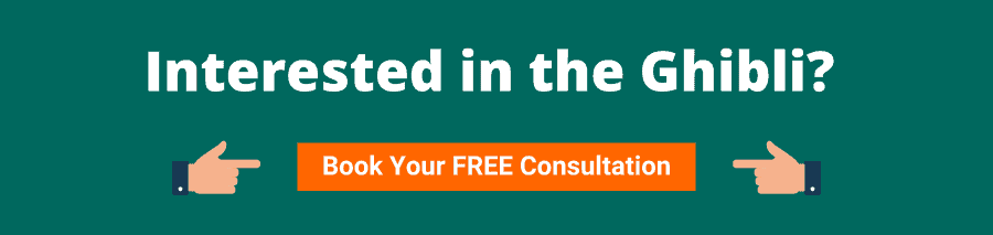 Green background with white text that reads Interested in the Ghibli?
Book a FREE Consultation