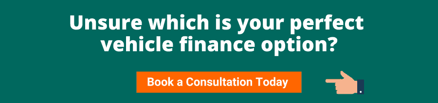 Green background with white text that reads Unsure which is your perfect vehicle finance option? Book a consultation today