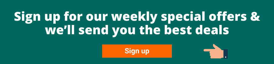 Green background with white text that reads Sign up for our weekly special offers and we'll send you the best deals Sign up