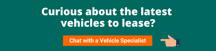 Green background with white text that reads Curious about the latest 
vehicles to lease? Chat with a Vehicle Specialist