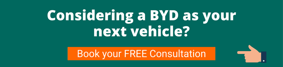 Green background with white text that reads Considering a BYD as your next vehicle? Book your free consultation