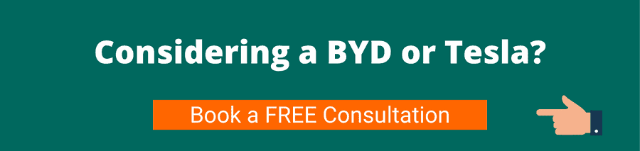 Green background with white text that reads Considering a BYD or Tesla? Book your free consultation