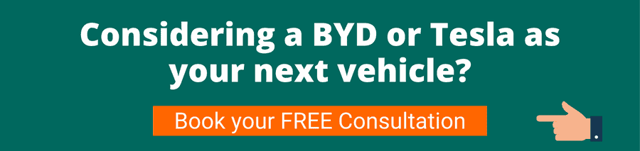 Green background with white text that reads Considering a BYD or Tesla as your next vehicle? Book your free consultation