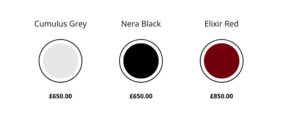 cumulus grey £650, nera black £650, elixir red £850