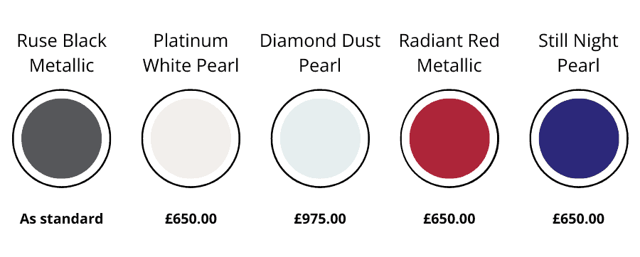 Ruse Black Metallic – Standard 

Platinum White Pearl - £650 

Diamond Dust Pearl - £975 

Radiant Red Metallic - £650 

Still Night Pearl - £650